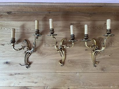 Suite of three cast bronze sconces with foliage...