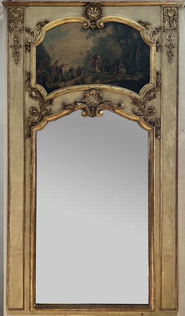 Large trumeau in cream lacquered wood with...
