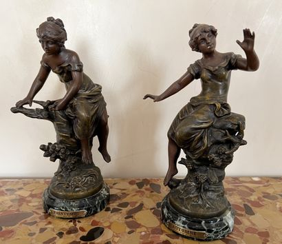 After MOREAU. Pair of statuettes in patinated...