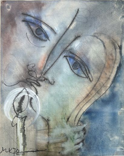*Ecole MODERNE : VISAGE A LA BOUGIE. Aquarelle...