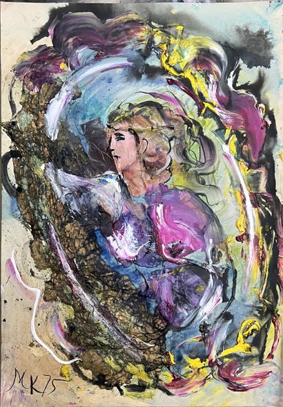 *Ecole MODERNE : FEMME DE PROFIL. Gouache...