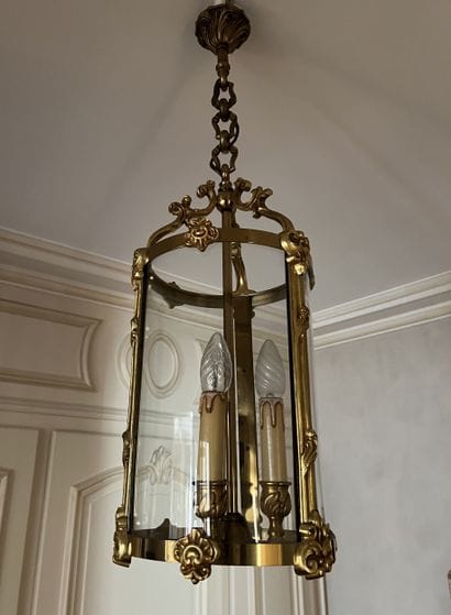 Gilded cast bronze lantern with small cartouches...