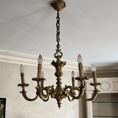 Pair of cast bronze chandeliers with rocaille...