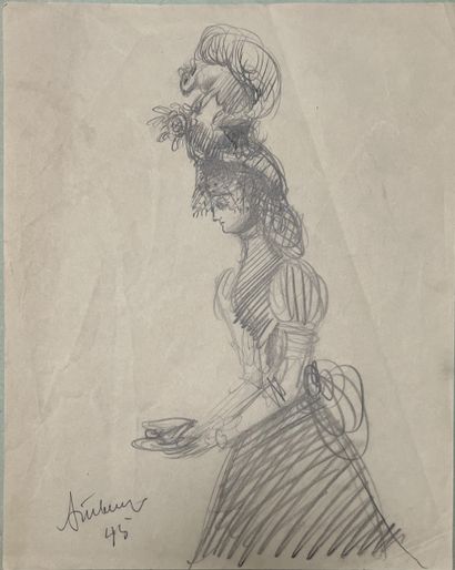 *Ecole RUSSE : FEMME A L'ECUREUIL. Crayon,...