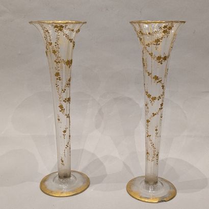 Pair of glass horn vases decorated with gilded...