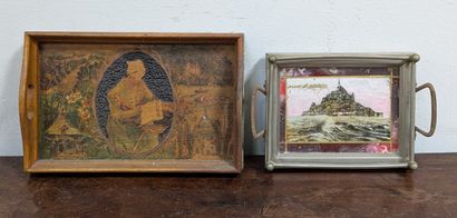*Set: - small tray, the pyrographed and painted...