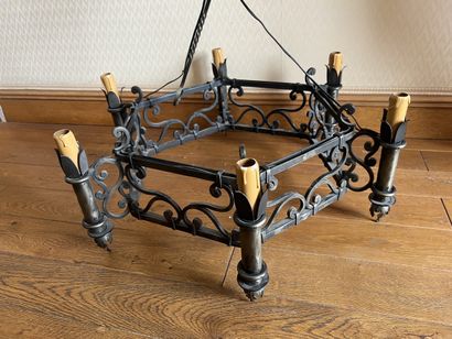 Black patinated hexagonal wrought-iron pendant...