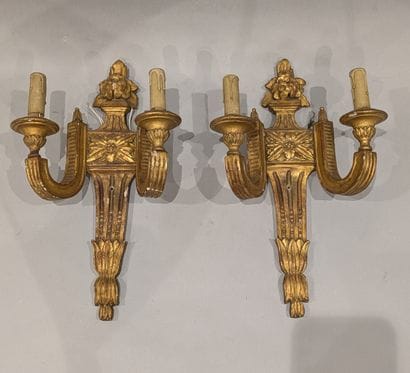Pair of gilded wood wall sconces with two...