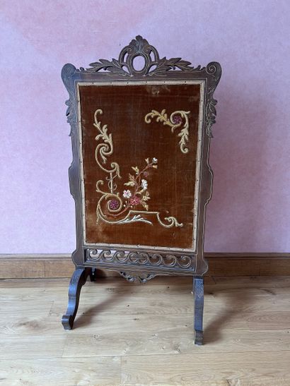 Fireplace screen in walnut with pyrographed...