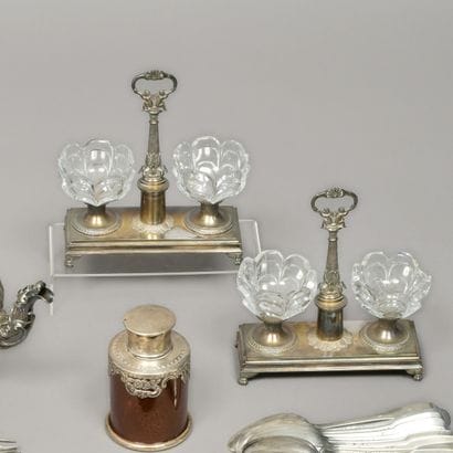 Paire de salières double en argent (925),...