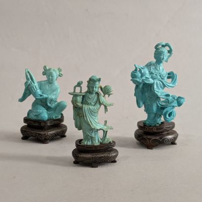 Set of three carved turquoise groups of young...