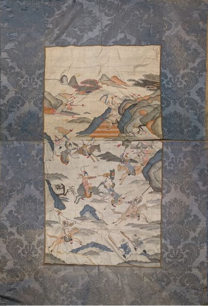 China. Large polychrome silk panel decorated...