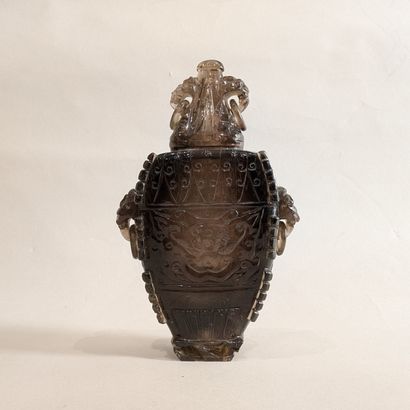 Smoky quartz covered pot with flat body,...