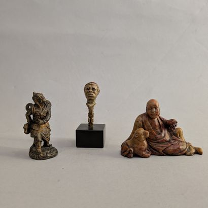 Set: - Seated putai and dog in lardstone....