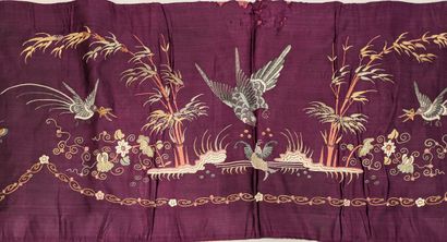 Large plum silk panel embroidered with polychrome...