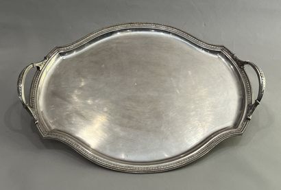 Oval-shaped silver-plated tray with water-leaf...