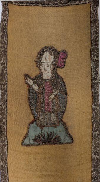 Five embroidered silk orfroi ornaments depicting...