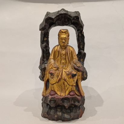China. Carved wood group with patina and...