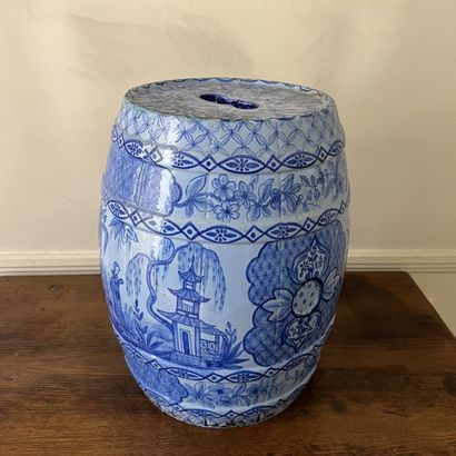 Barrel-shaped earthenware stool with blue...