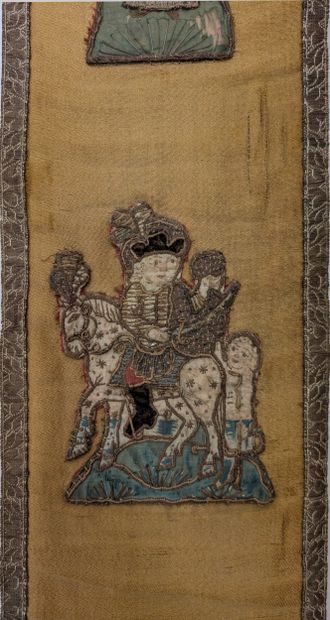 Five embroidered silk orfroi ornaments depicting...