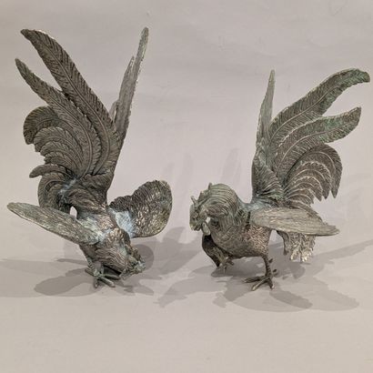 Pair of silver-plated bronze table roosters....