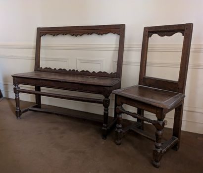 Rustic oak bench, rectangular back with cut-out...