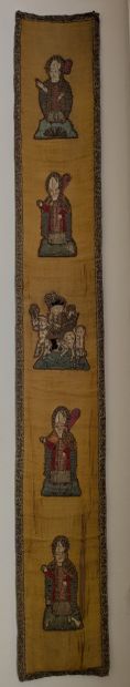 Five embroidered silk orfroi ornaments depicting...