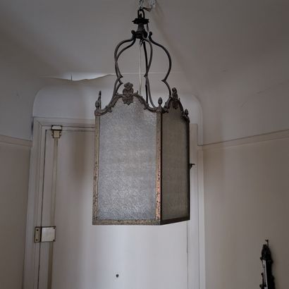 Pentagonal lantern, patinated metal frame...