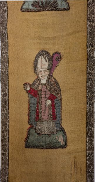 Five embroidered silk orfroi ornaments depicting...