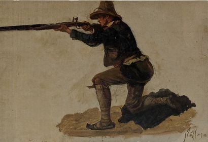 19th century FRENCH SCHOOL: THE HUNTER. Oil...