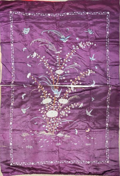 Large plum silk panel embroidered with polychrome...