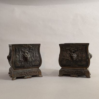 Pair of quadrangular flower boxes in patinated...
