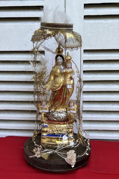 Statue of Virgin and Child in painted and...