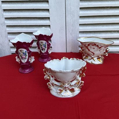 Set of porcelain church vases, two with gilded...