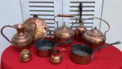 Red brass case: two saucepans, two kettles,...