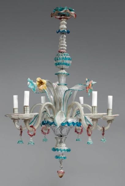 Lustre en verre filé polychrome de Venise....