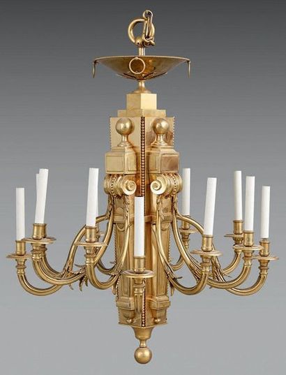 Ensemble de trois lustres en laiton et bronze...