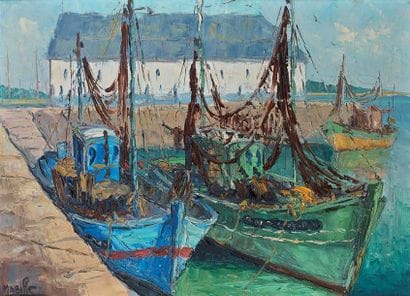 MABILLE
BATEAUX DE PECHE DANS UN PORT. Huile...
