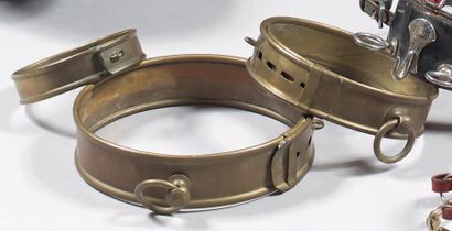 Trois colliers de chien en cuivre avec anneau...