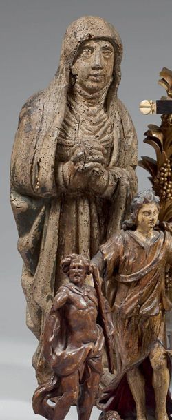 Statue de Vierge en bois naturel avec traces...