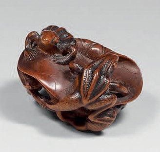 Netsuke en buis à patine brune, deux grenouilles...