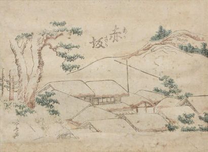 Petite estampe par Hokusai, paysage avec...