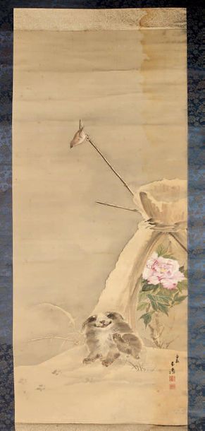 Encre et polychromie sur soie, «chiot assis...