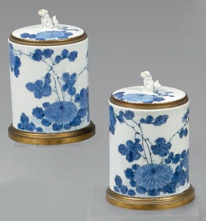 Paire de pots couverts de forme cylindrique...