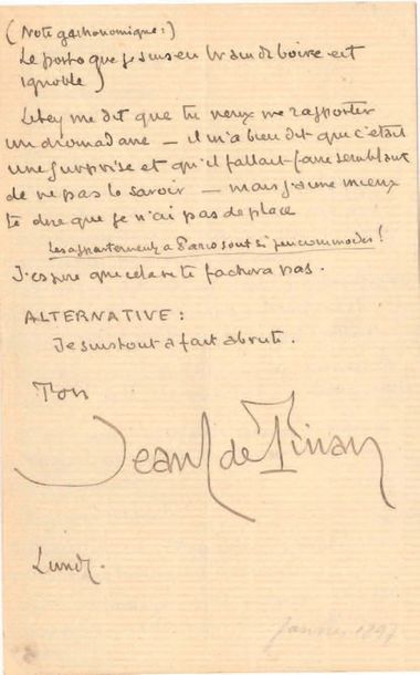 Jean de TINAN (1874-1898)

L.A.S., Lundi...