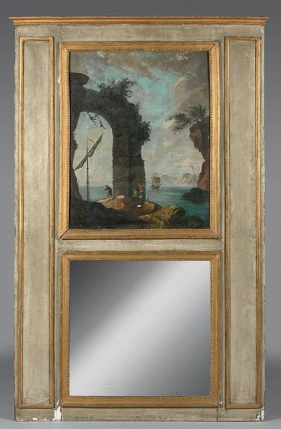 Trumeau en bois laqué gris et doré, le miroir...