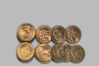 France
Vingt pièces de vingt Francs en or...