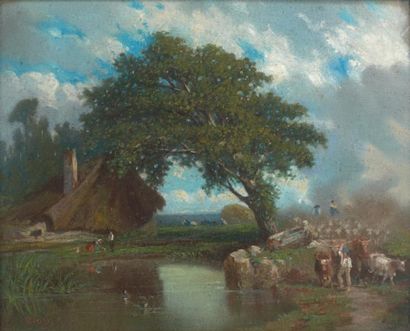 Edouard RIOU (1833-1900)
- PAYSAGE A LA CHAUMIERE...