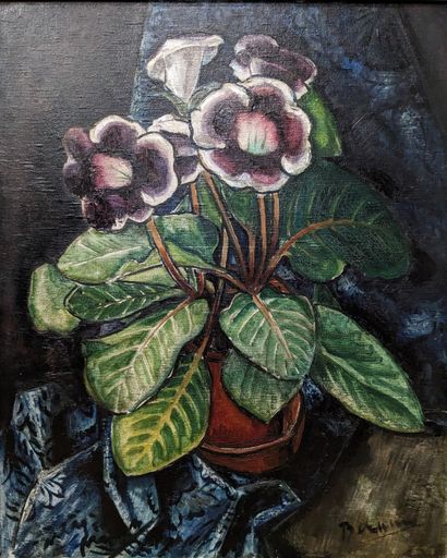 BUCHNER*** : GLOXINIA. Huile sur toile, signée...