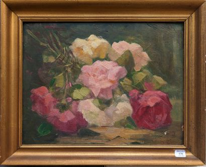 J. CINNY : JETE DE ROSES. Huile sur carton...